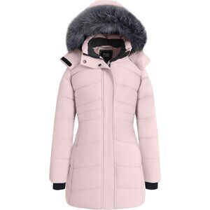 Women's Waterproof Winter Puffer Jacket Coat Pink Long Faux Detachable Hood